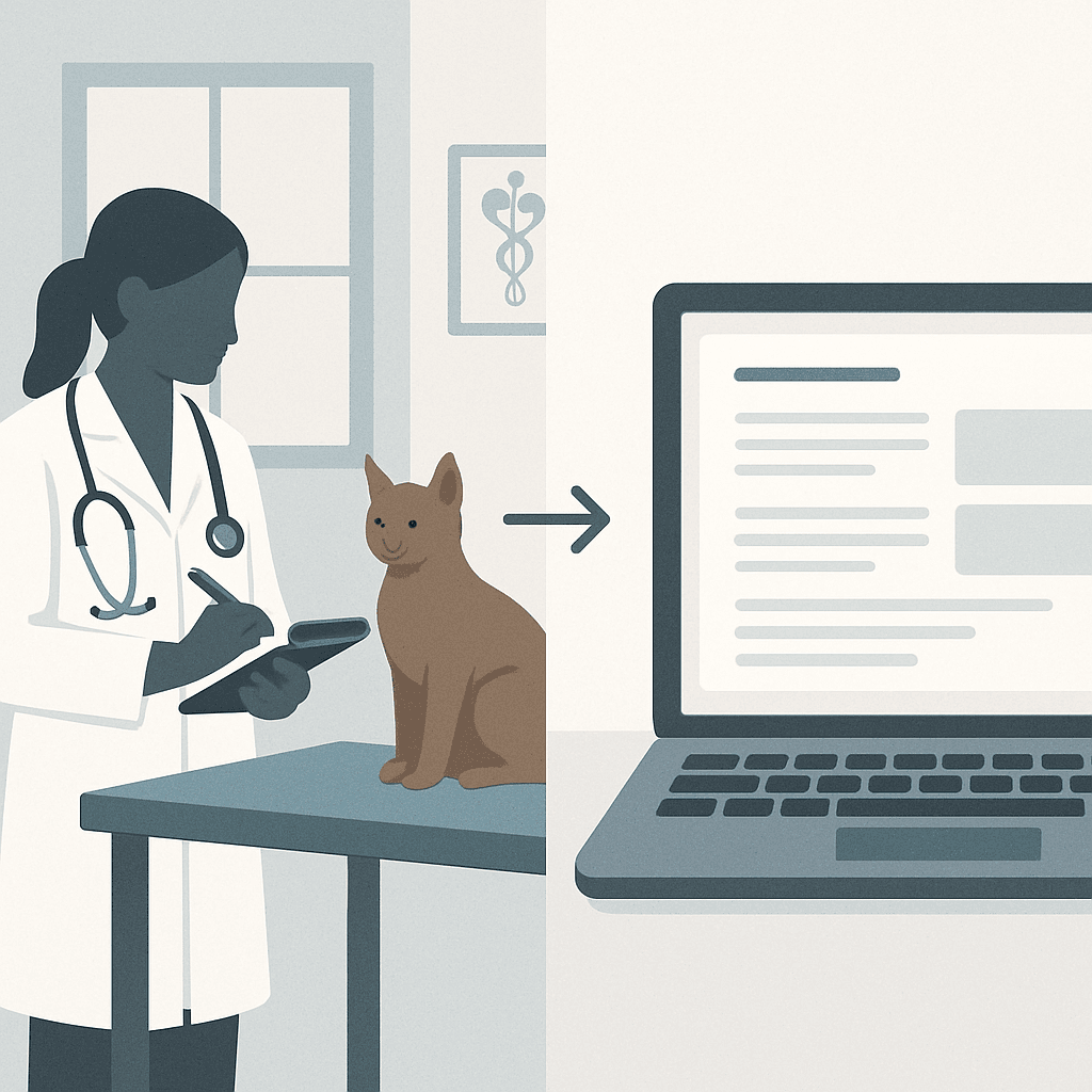A veterinary exam room transitioning into a clean record workspace with a tablet and organized notes