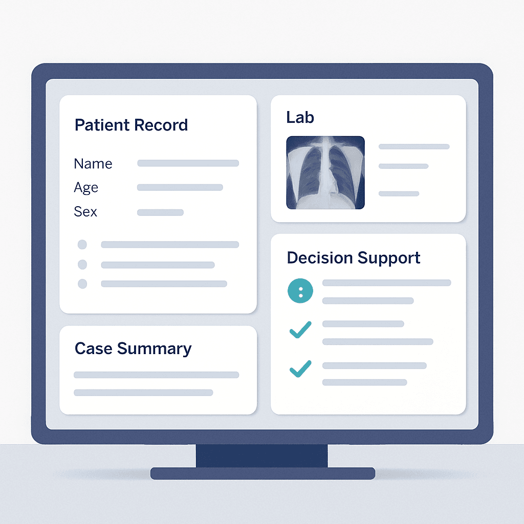 A clinician working at a computer with a patient record, suggestion panel, and a small lab image thumbnail on screen.