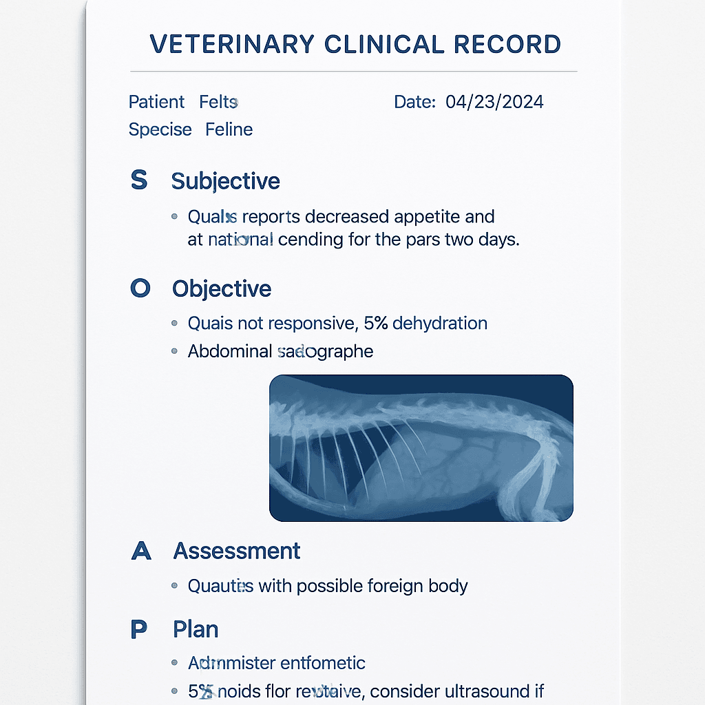 Clinical record outputs showing SOAP notes and case documentation
