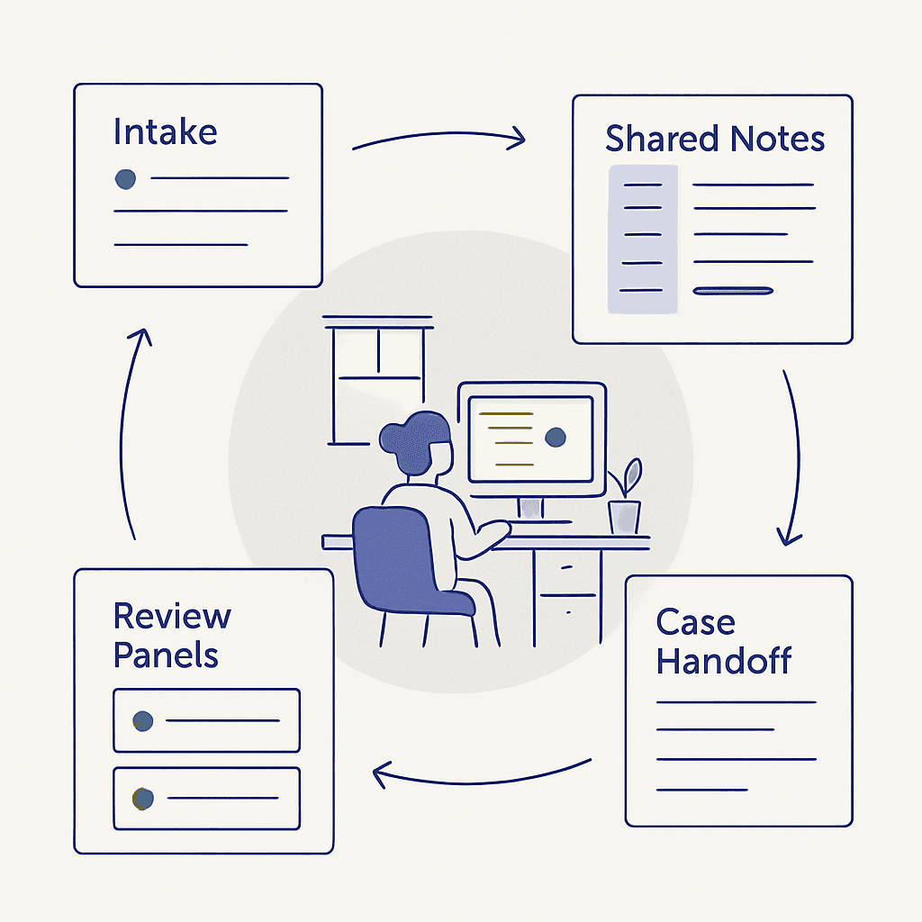 A clinic workstation with a calendar, patient file, notes, and organized paperwork on one desk.