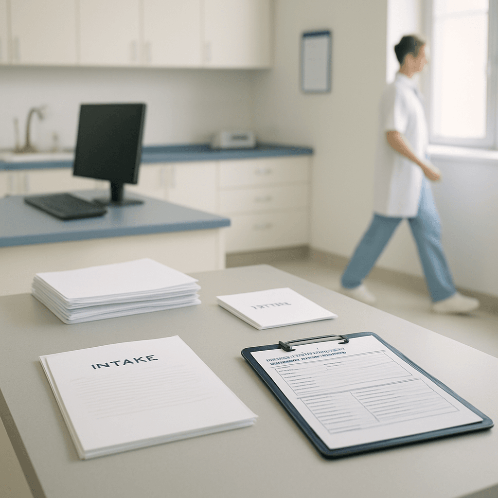 A veterinary workstation with a tablet, a small stack of forms, and a clinician in the background.