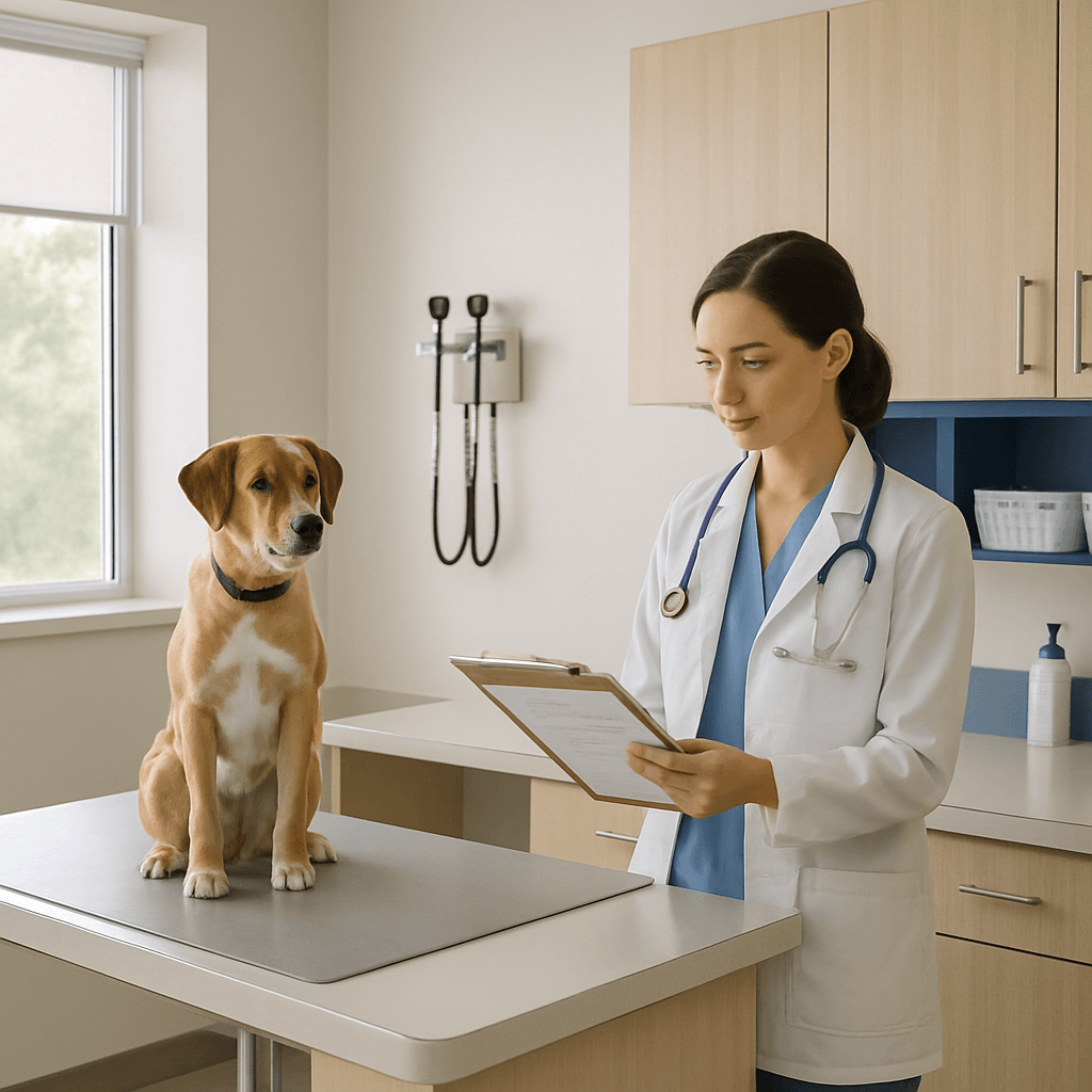 A veterinarian in a clinic room reviewing notes beside a clean exam area.