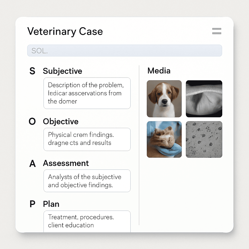 A veterinary case record screen with SOAP sections and attached media thumbnails.