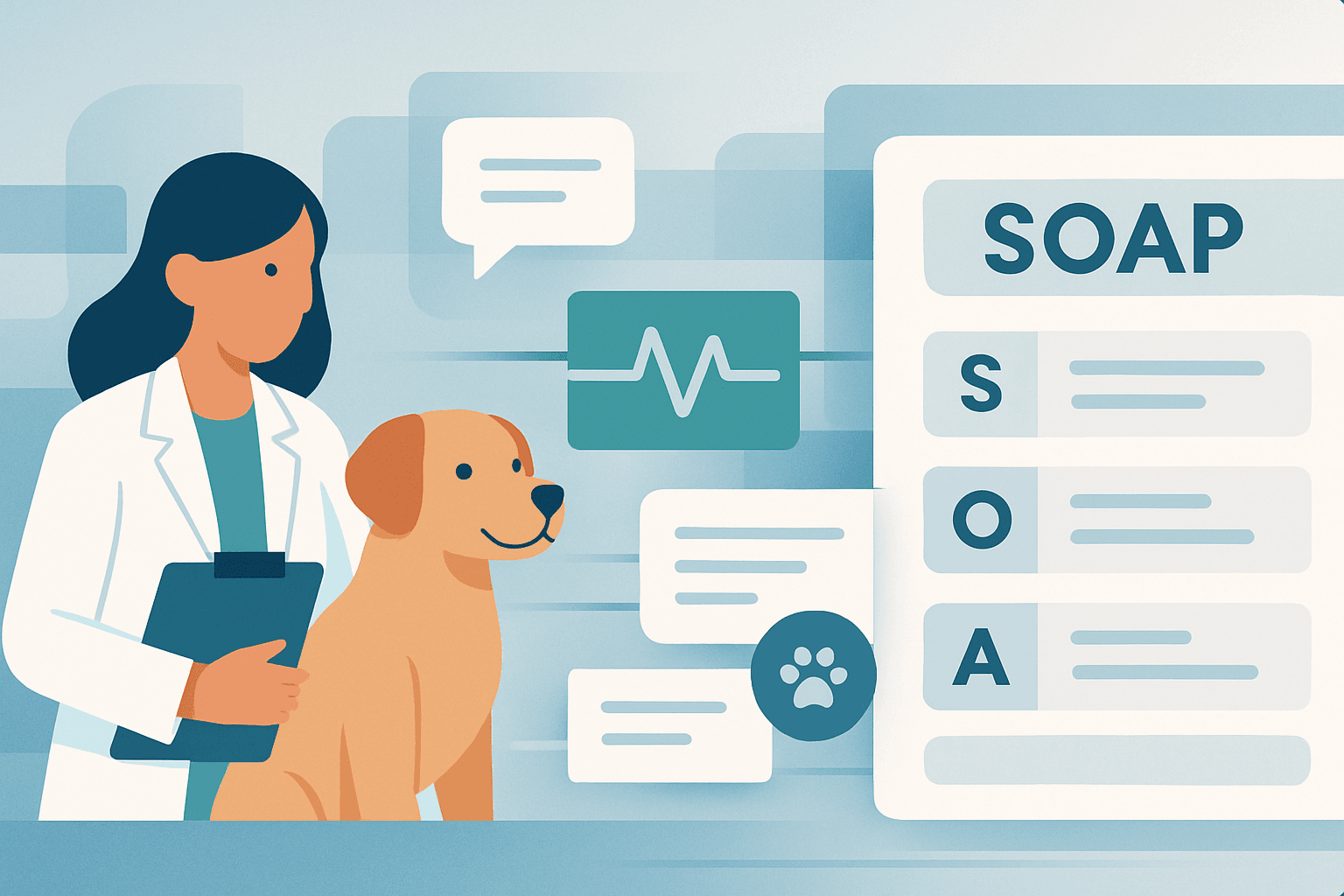 A veterinary consultation transcript flowing into a structured SOAP note dashboard with geometric panels and cool blue-purple tones.