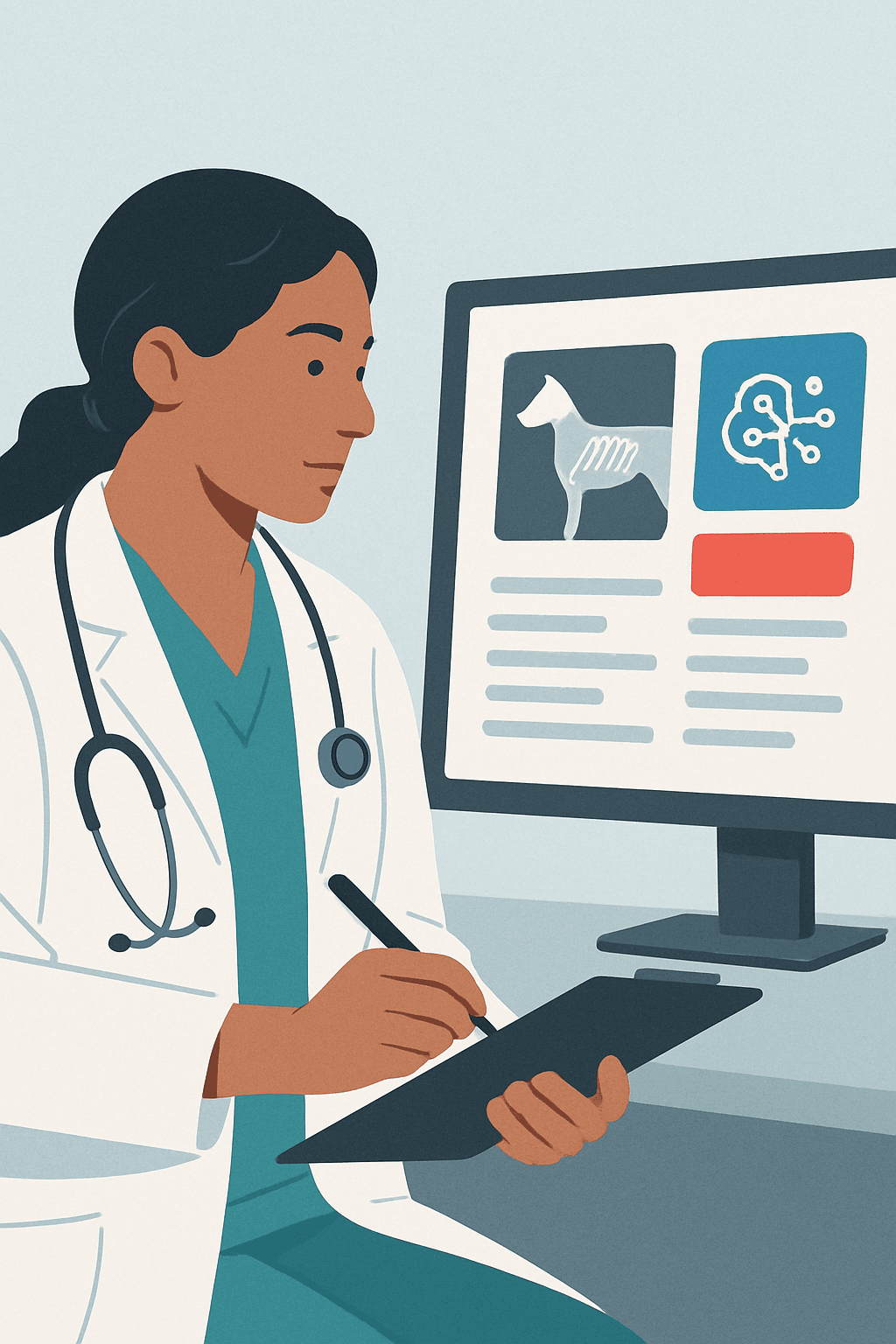 A veterinarian documents an animal case with abstract decision-support panels and animal diagnostic media.