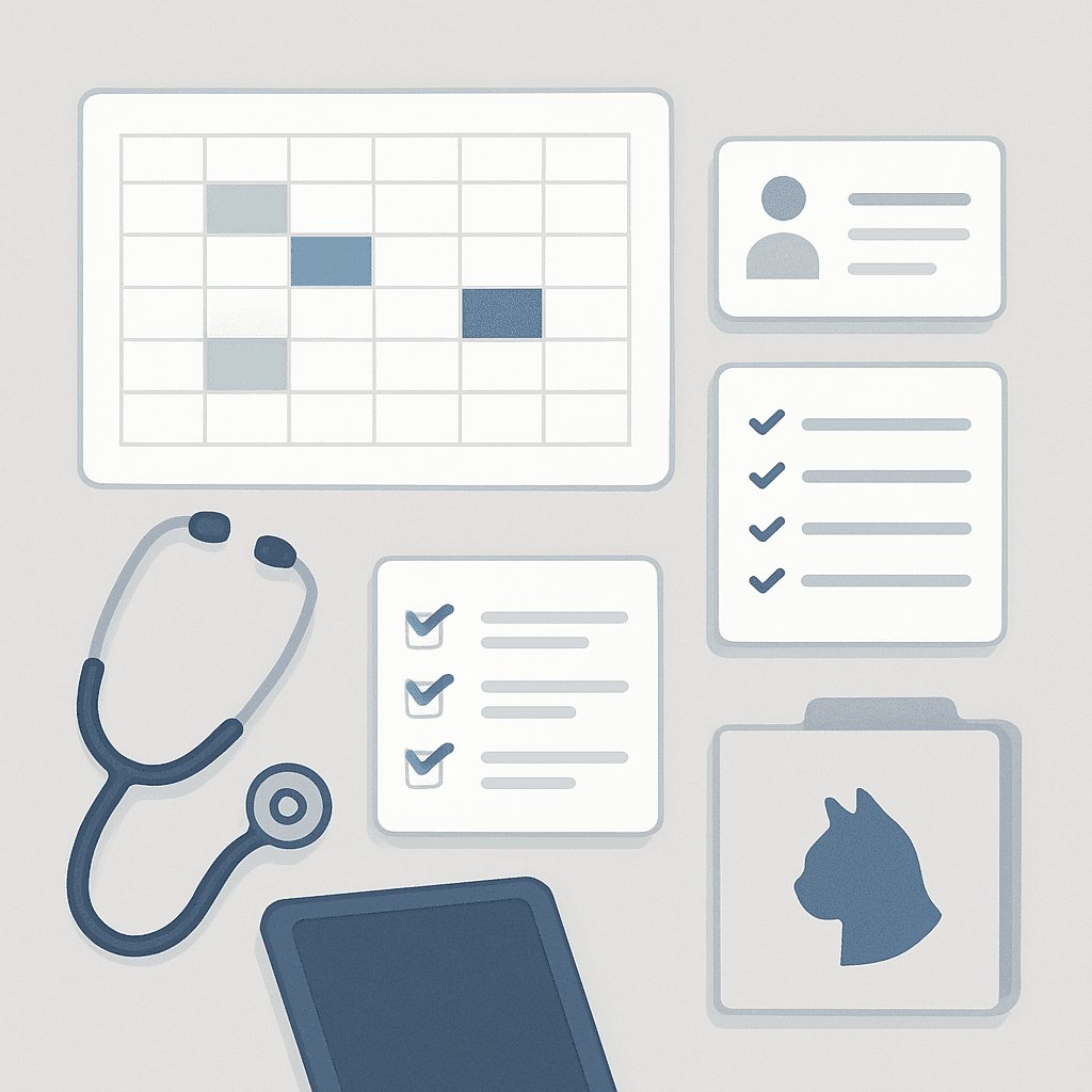 A language-neutral veterinary team workspace connects schedules, handoffs, tasks, and shared notes.
