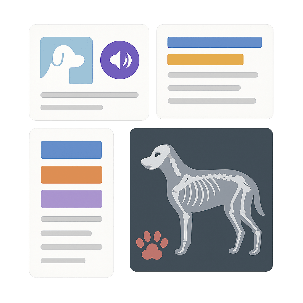An animal case workspace connects consultation notes, SOAP sections, and veterinary diagnostic media.