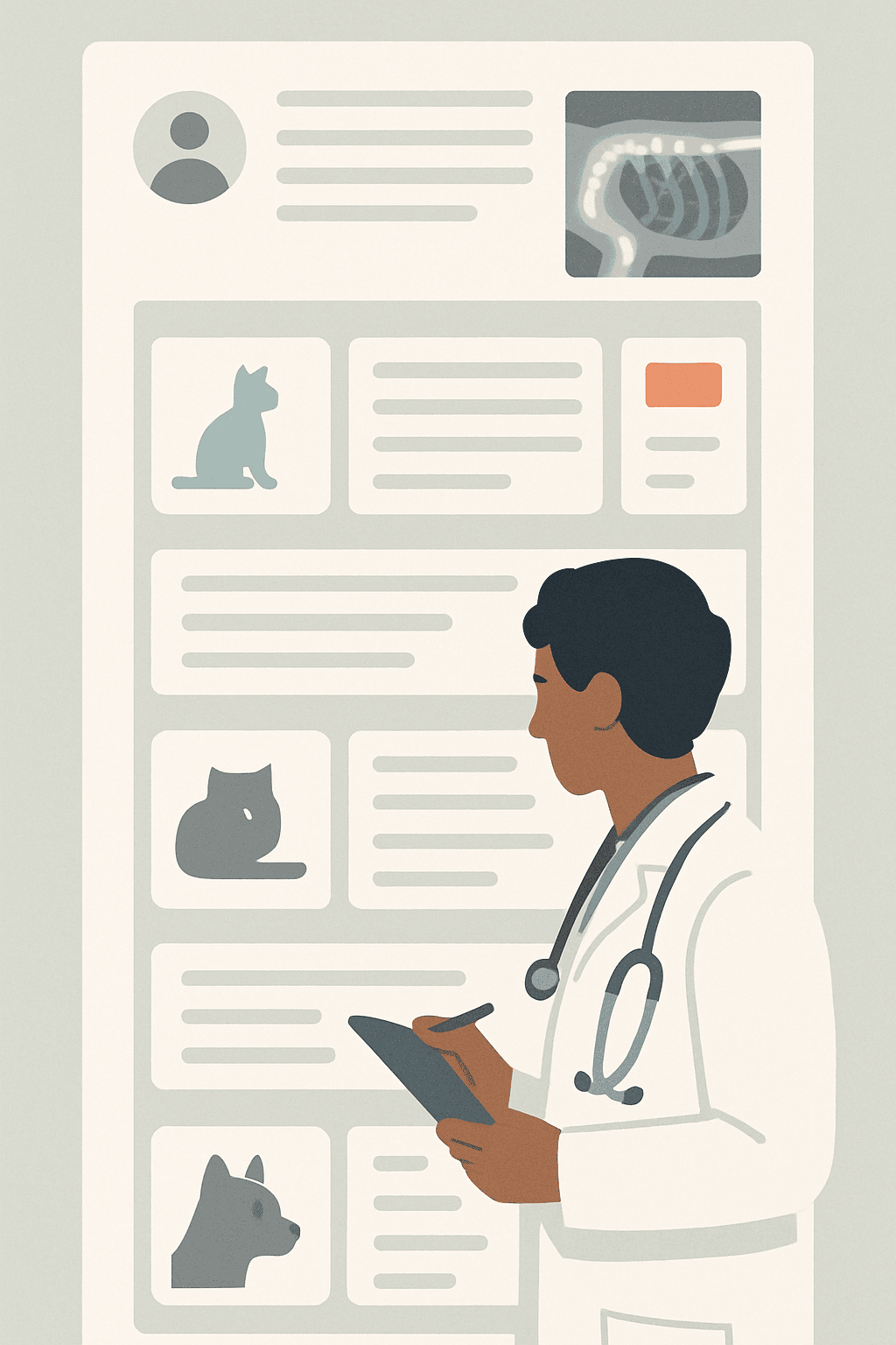 A veterinarian reviews a language-neutral SOAP case flow with animal diagnostic thumbnails.