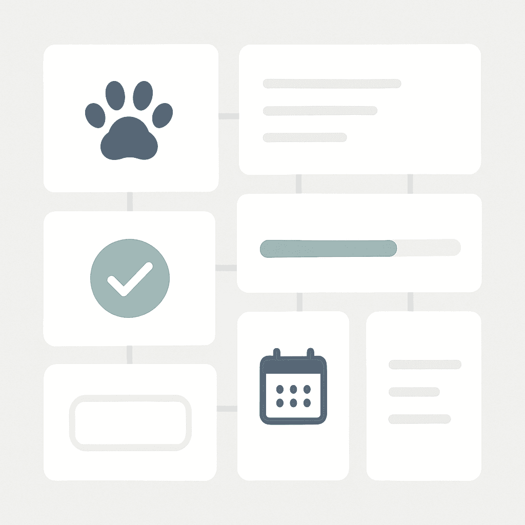 A language-neutral modular veterinary workflow workspace connects notes, case records, and follow-up tasks.