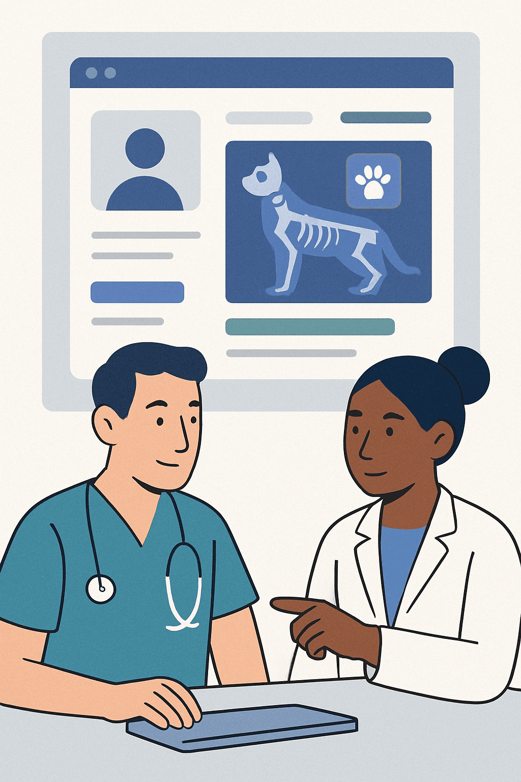 Veterinary colleagues review an animal case with abstract shared records and animal diagnostic media.