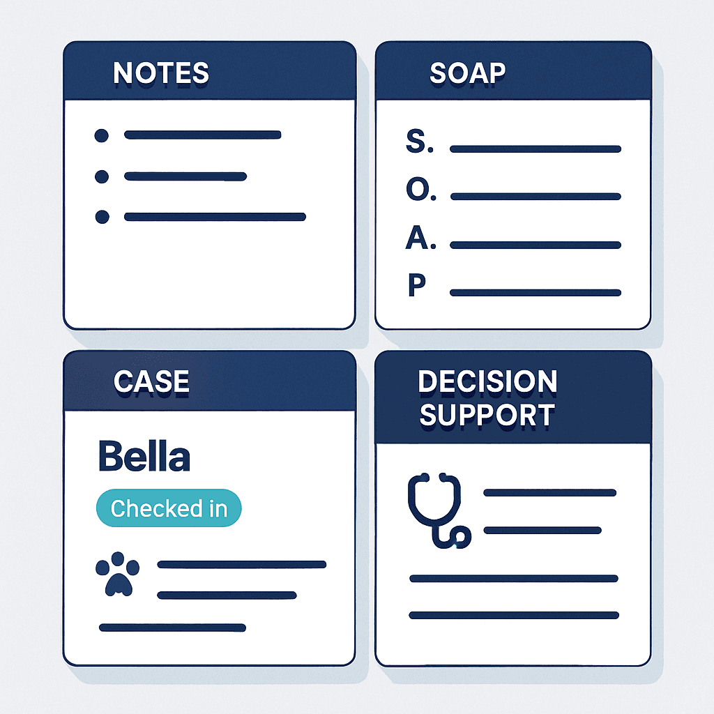 A tidy desk with a tablet, stacked notes, and organized clinic documents.