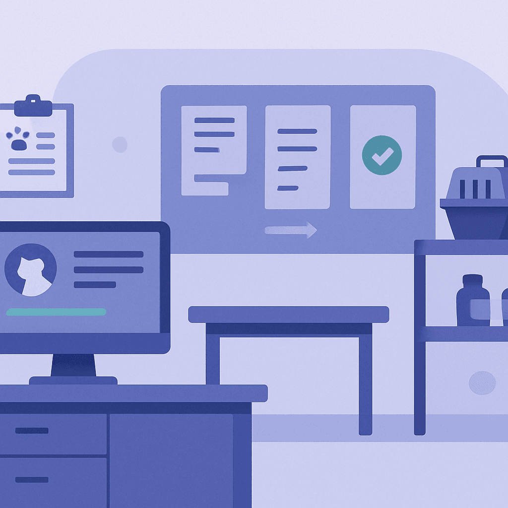 A clean clinic desk with a few organized files and a clinician working in the background.