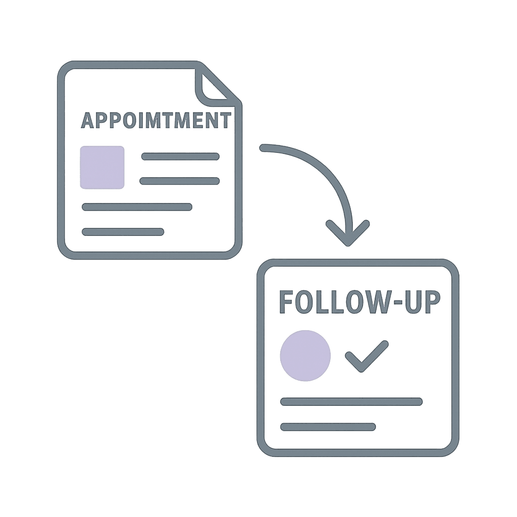 A clinic staff member reviewing a schedule on a laptop beside a patient record.